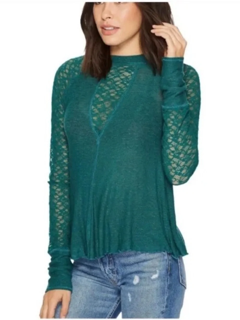 Free People Emerald Green Lace Detail Long Sleeve Top NWT